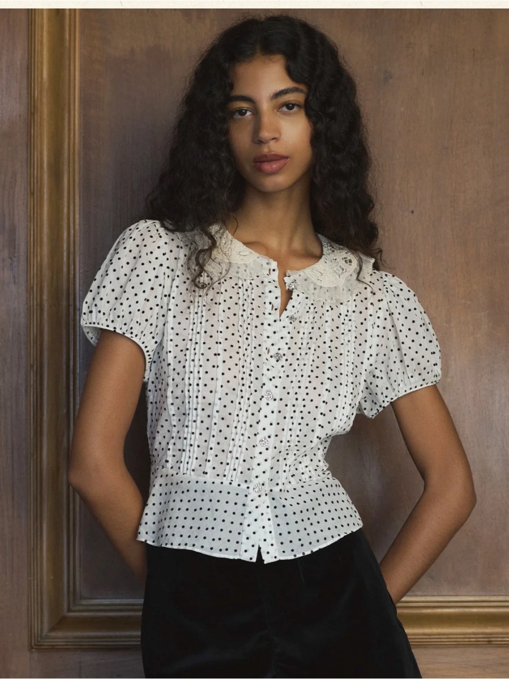 Doen "Oleta" Sea Salt Dot Lace-Collar Puff Sleeve Blouse